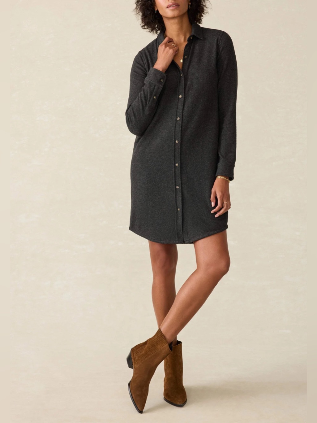 Faherty Womenâs Legend Sweater Button Front Dress | Heathered Black Twill | Xs